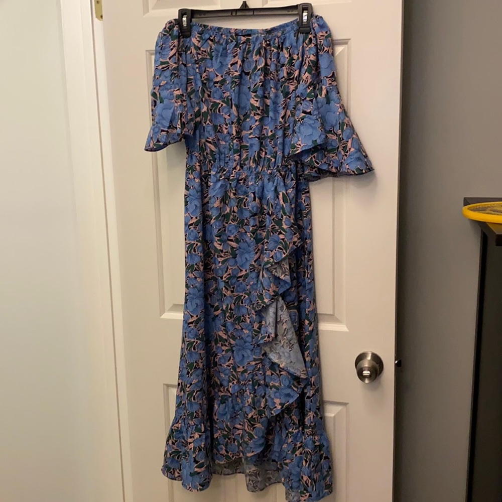 Pink Blush blue off the shoulder ruffle dress